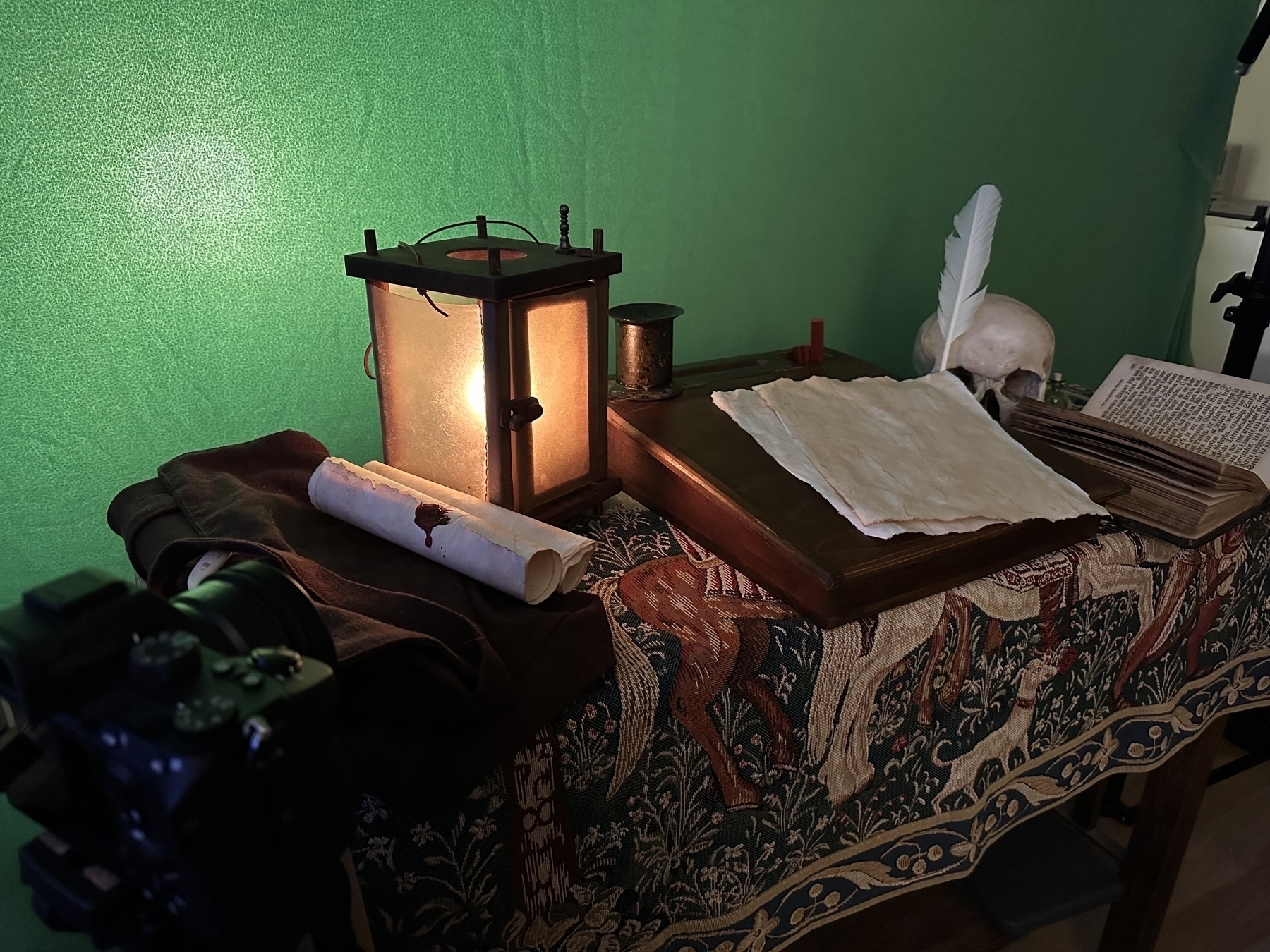 Medieval desk in front of a green screen